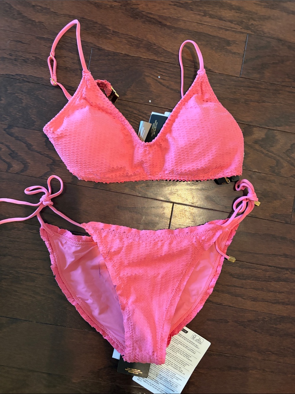 Tie-Side Textured Bikini Set in Bright Pink
